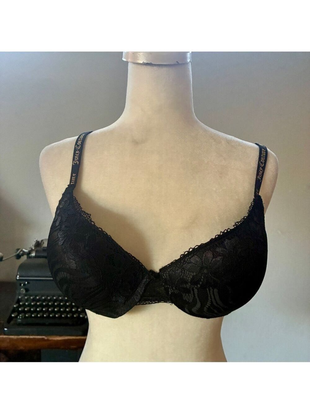 Juicy Couture Black Lace And Logo Push Up Bra - Size 38C